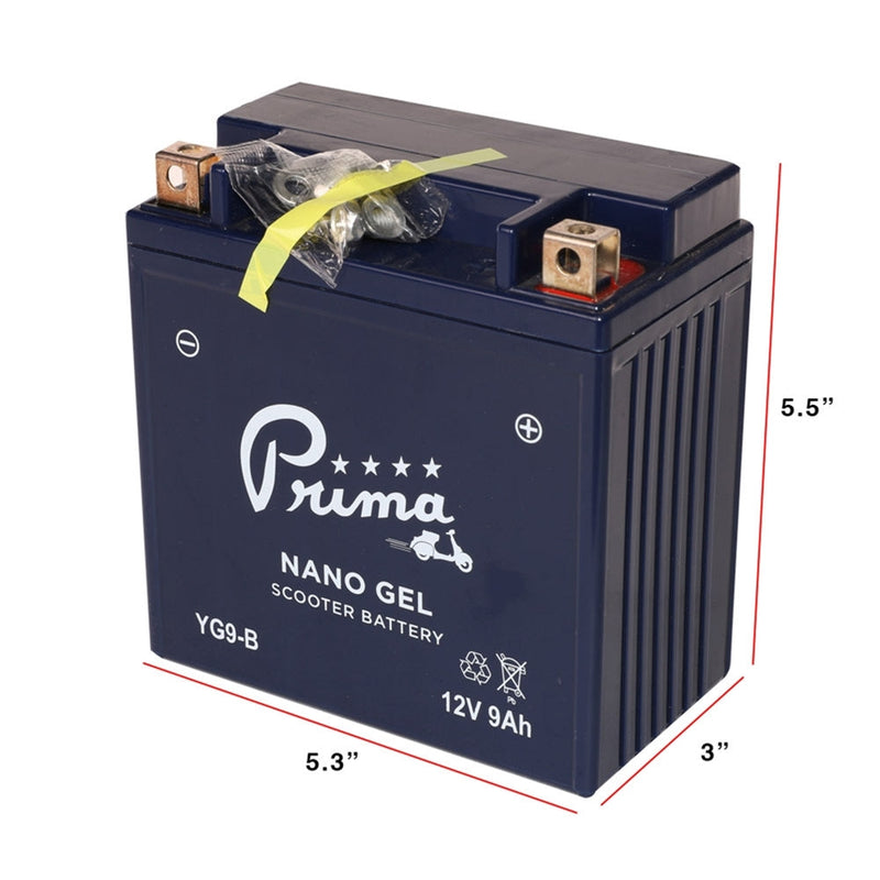 Prima YG9-B Gel Battery: YTX7A-BS / YT9B-BS Compatible