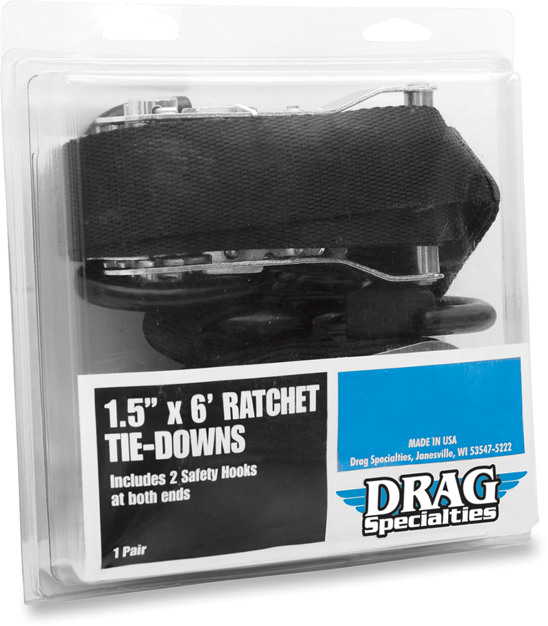 DRAG SPECIALTIES, Drag Specialties 3920-0181 1.5-Inch x 6-Foot Black Nylon Ratchet Tie-Downs with Safety Hooks