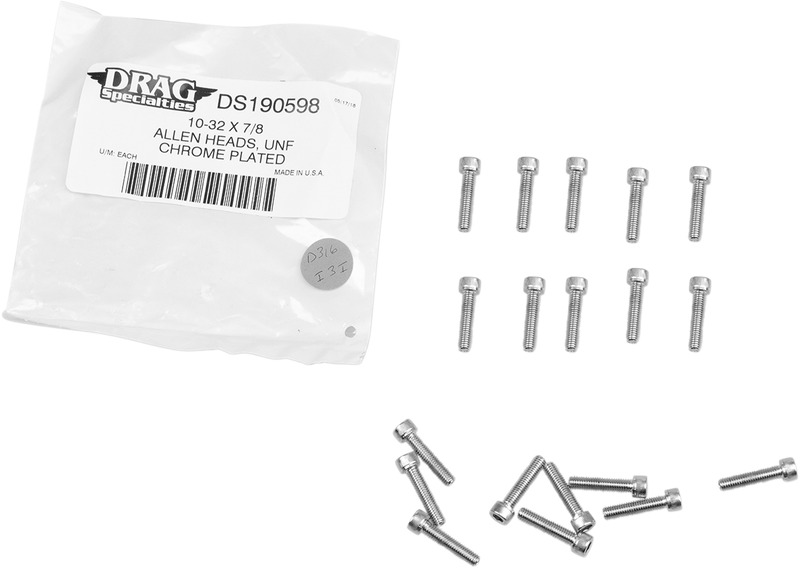 DRAG SPECIALTIES MPB203 Replacement Socket-Head Bolts – Knurled/Fine Thread, #10-32 x 7/8 inch, Pack of 10