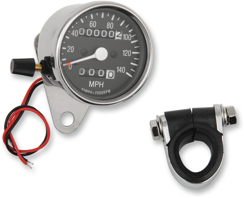 Drag Specialties 2.4-inch MPH Mini LED Mechanical Speedometer with Indicators and Trip - Chrome Housing, Black Face - Part #21-6815-BX15