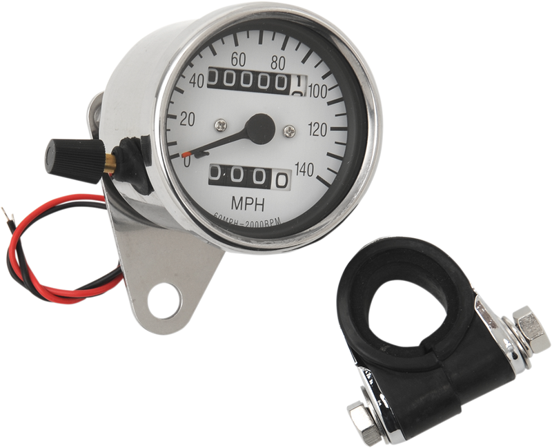 Drag Specialties 2.4-Inch MPH Mini LED Mechanical Speedometer with Indicators and Trip - Chrome Housing, White Face (Part #21-6835-BX15)