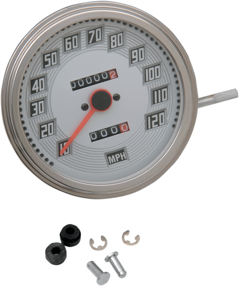 Drag Specialties 5 inch MPH FL-Style 2:1 Speedometer with Tachometer – Billet Look White Face (Part #75694)