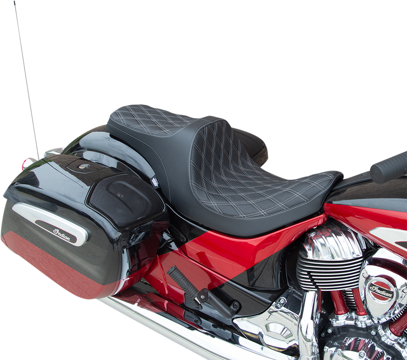 DRAG SPECIALTIES SEATS, DRAG SPECIALTIES SEATS Predator III Seat for Indian '14-'22 – Forward Positioning, Double Diamond Design, Silver Stitching