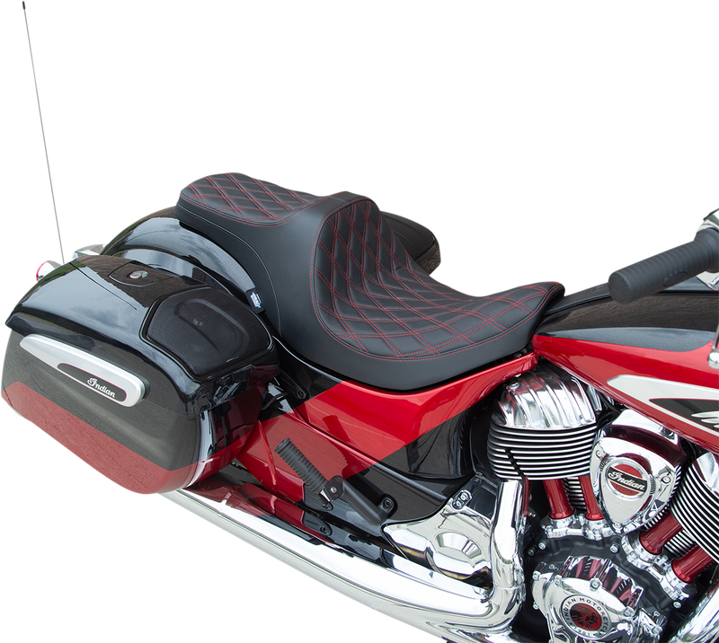 DRAG SPECIALTIES SEATS, Drag Specialties Seats Predator III Seat for Indian '14-'22 - Forward Positioning, Double Diamond, Red Stitching (Part #0810-2272)