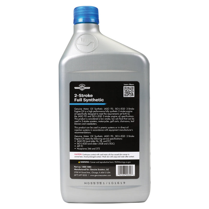 Genuine Motor Oil: Synthetic 2T JASO FD Engine Oil - 1Quart