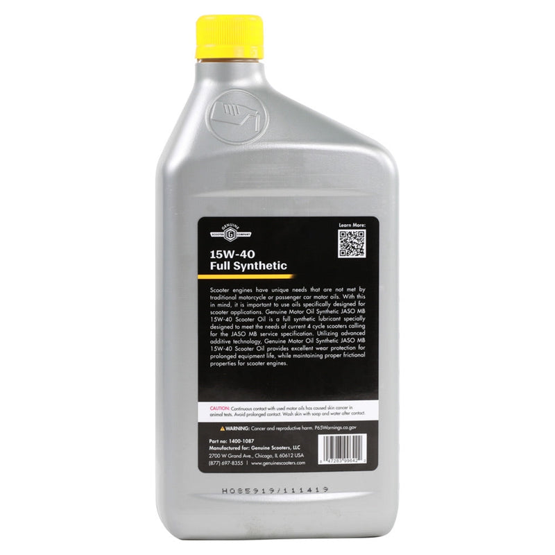 Genuine Motor Oil: 15W-40 JASO MB Synthetic Engine Oil 1QT