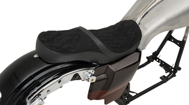 DRAG SPECIALTIES SEATS, DRAG SPECIALTIES SEATS Low Touring Seat for Harley-Davidson FL Models 2008-2023 - Vinyl and Faux Suede with Diamond Pattern and Ness Winged Tanks - Part Number 0801-1078