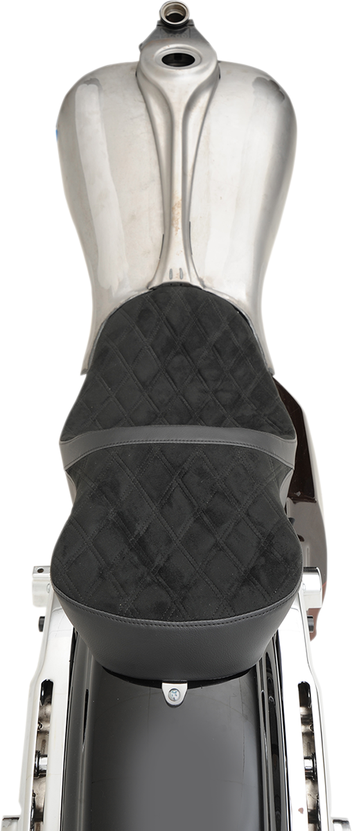 DRAG SPECIALTIES SEATS, DRAG SPECIALTIES SEATS Low Touring Seat for Harley-Davidson FL Models 2008-2023 - Vinyl and Faux Suede with Diamond Pattern and Ness Winged Tanks - Part Number 0801-1078