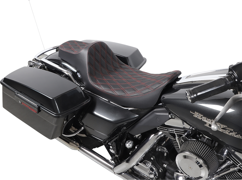 DRAG SPECIALTIES SEATS, Drag Specialties Seats Extended Reach Predator III Seat for Harley FL Models 1999-2007 – Black with Red Stitching