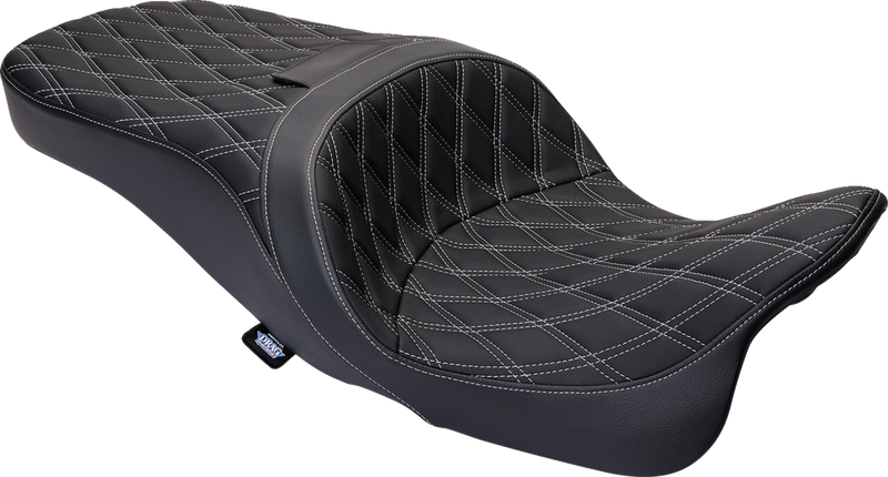 DRAG SPECIALTIES SEATS, DRAG SPECIALTIES SEATS Freedom Seat with Vinyl Cover and Double Diamond Silver Stitch for Harley FLH 2009-2023 – Part Number 0801-1482