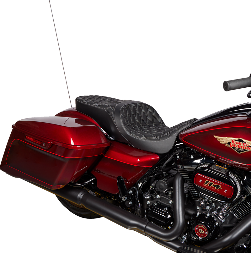 DRAG SPECIALTIES SEATS, DRAG SPECIALTIES SEATS Freedom Seat with Vinyl Cover and Double Diamond Silver Stitch for Harley FLH 2009-2023 – Part Number 0801-1482