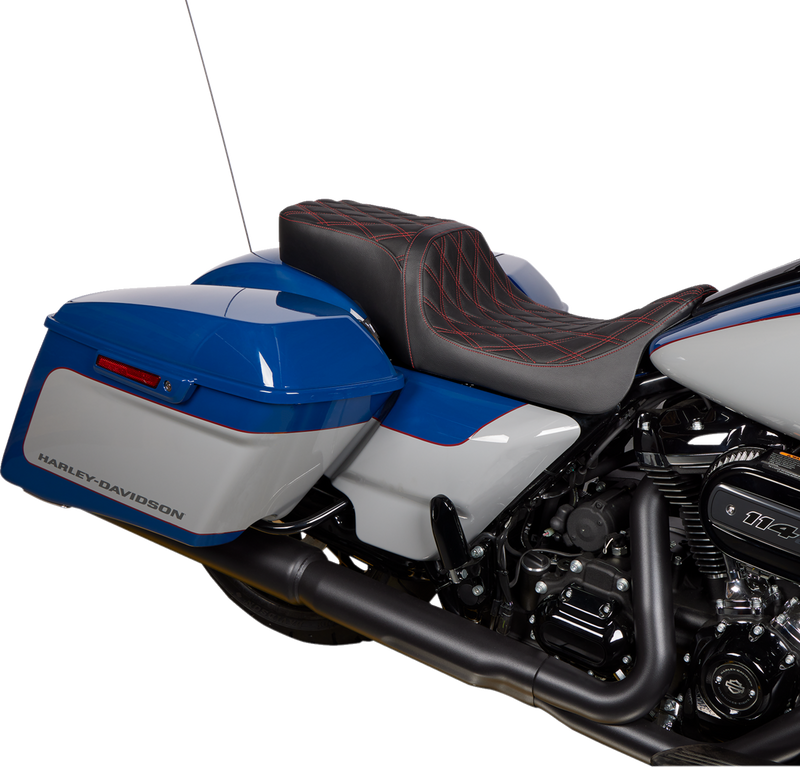 DRAG SPECIALTIES SEATS, Drag Specialties Seats Predator 2-Up Seat with Vinyl Cover and Double Diamond Red Stitch for Harley FL 2008-2023 - Part Number 0801-1494