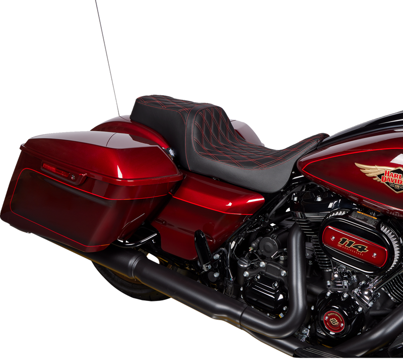DRAG SPECIALTIES SEATS Predator 1Up Seat with Vinyl Cover, Double Diamond Red Stitch for Harley FLH 2008-2023 (Part Number 08011491)