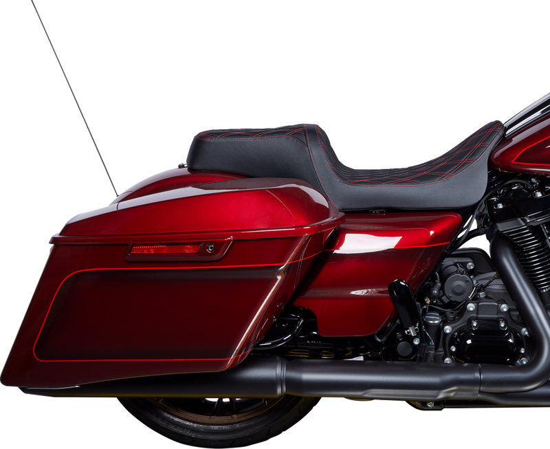 DRAG SPECIALTIES SEATS Predator 1Up Seat with Vinyl Cover, Double Diamond Red Stitch for Harley FLH 2008-2023 (Part Number 08011491)