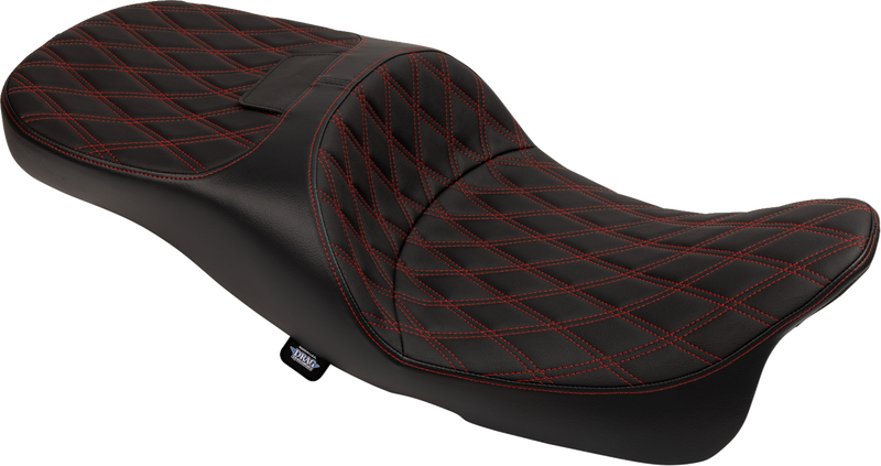 DRAG SPECIALTIES SEATS, Drag Specialties Seats Extended Reach Freedom Seat with Vinyl Cover, Double Diamond Pattern and Red Stitch for FLT/FLH 2009-2025 - Part 4696D