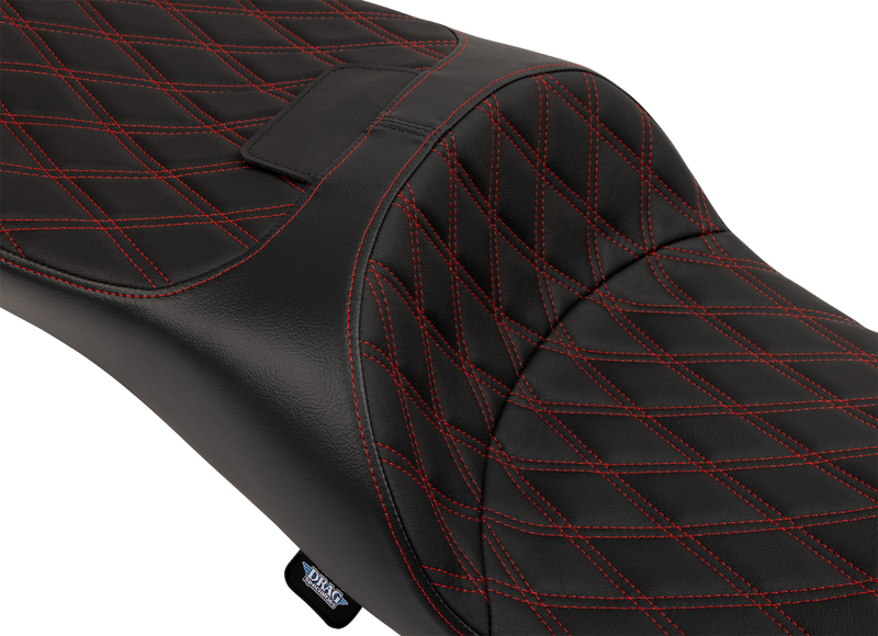DRAG SPECIALTIES SEATS, Drag Specialties Seats Extended Reach Freedom Seat with Vinyl Cover, Double Diamond Pattern and Red Stitch for FLT/FLH 2009-2025 - Part 4696D