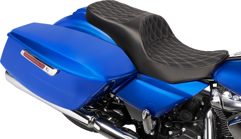 DRAG SPECIALTIES SEATS, Drag Specialties Seats Forward Position Freedom Seat for FLH/FLT 2023-2025, Vinyl with Silver Double Diamond Stitch - Part #4715C