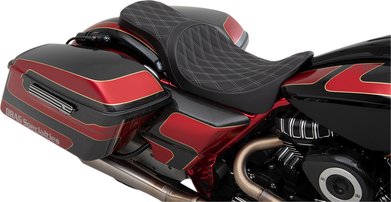 DRAG SPECIALTIES SEATS, DRAG SPECIALTIES SEATS Forward Positioned Predator 2-Up Seat - Double Diamond Silver Stitched for Harley FL 2008-2023 (Part #0801-1266)