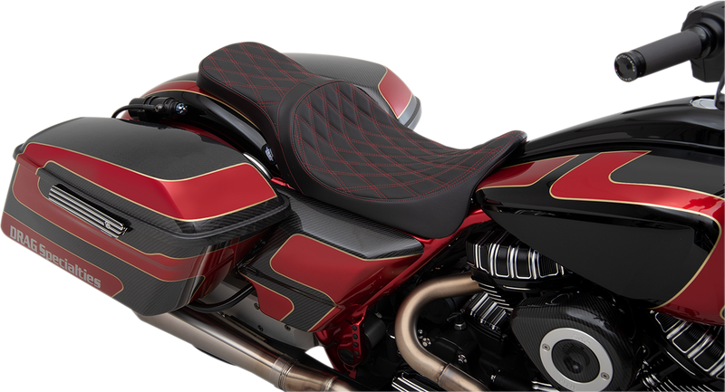 DRAG SPECIALTIES SEATS, DRAG SPECIALTIES SEATS Forward Positioned Predator 2-Up Seat – Double Diamond, Red Stitched for Harley FL 2008-2023 – Part 0801-1267