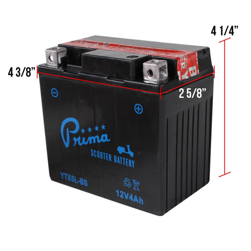 Prima YTX5L-BS Battery; Scooters ATVs Motorcycles 12V4Ah