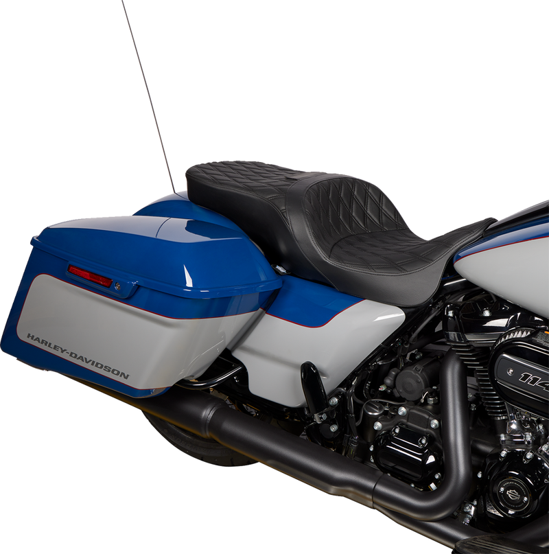 DRAG SPECIALTIES SEATS, DRAG SPECIALTIES SEATS Freedom Seat - Vinyl - Double Diamond Black Stitch for Harley FLH 2009-2023 (Part #0801-1481)