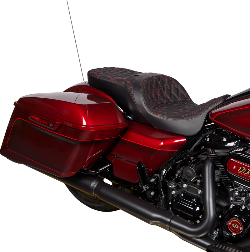 DRAG SPECIALTIES SEATS, DRAG SPECIALTIES SEATS Freedom Seat with Double Diamond Red Stitch for Harley FLH 2009-2023 - Part #0801-1484