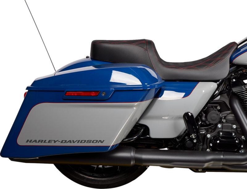 DRAG SPECIALTIES SEATS, Drag Specialties Seats Predator 2-Up Seat with Vinyl Cover and Double Diamond Red Stitch for Harley FL 2008-2023 - Part Number 0801-1494