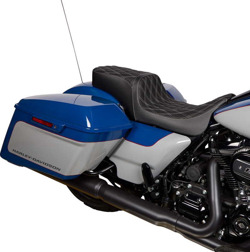 DRAG SPECIALTIES SEATS, Drag Specialties Seats Predator 2-Up Seat with Vinyl Cover and Double Diamond Silver Stitch for Harley FL 2008-2023, Part #0801-1492