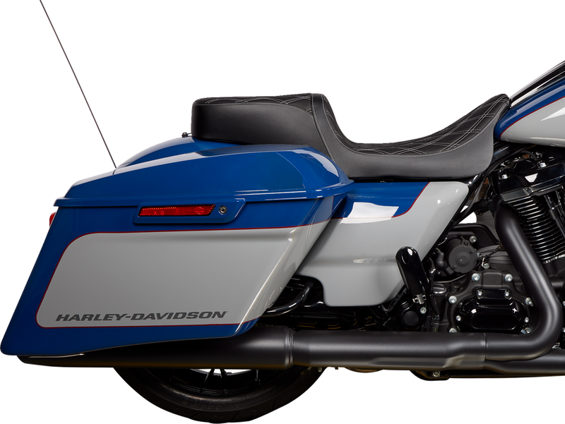 DRAG SPECIALTIES SEATS, Drag Specialties Seats Predator 2-Up Seat with Vinyl Cover and Double Diamond Silver Stitch for Harley FL 2008-2023, Part #0801-1492