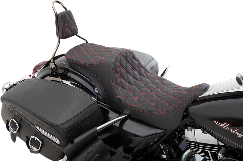 DRAG SPECIALTIES SEATS, DRAG SPECIALTIES SEATS Predator III 2-Up Seat - Double Diamond Red Thread for Harley-Davidson FL 2008-2023 (Part #0801-1306)