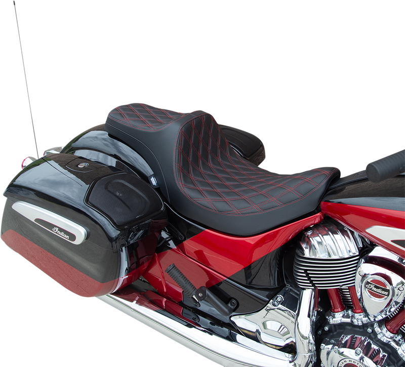 DRAG SPECIALTIES SEATS, DRAG SPECIALTIES SEATS Predator III Double Diamond Seat with Red Stitching for Indian '14-'22 – Vinyl Cover and Molded Foam